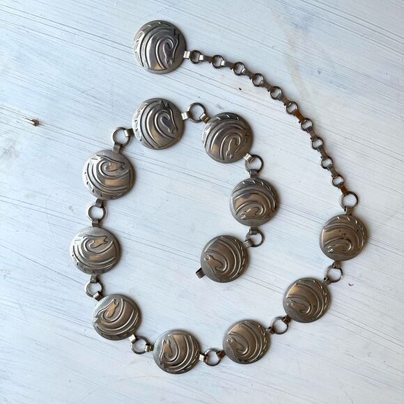 Vintage 60s/70s Silver Horse Medallion Chain Belt – 33" Western Festival Style - Picture 1 of 13